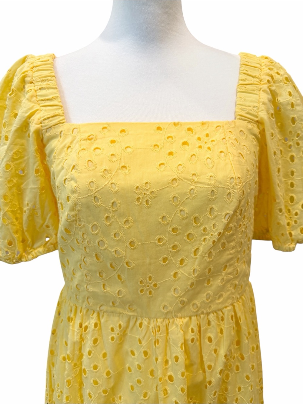 CeCe Eyelet Cotton Midi Dress Square Neck Smocked Puff Sleeve Yellow Small NWT - Picture 12 of 15
